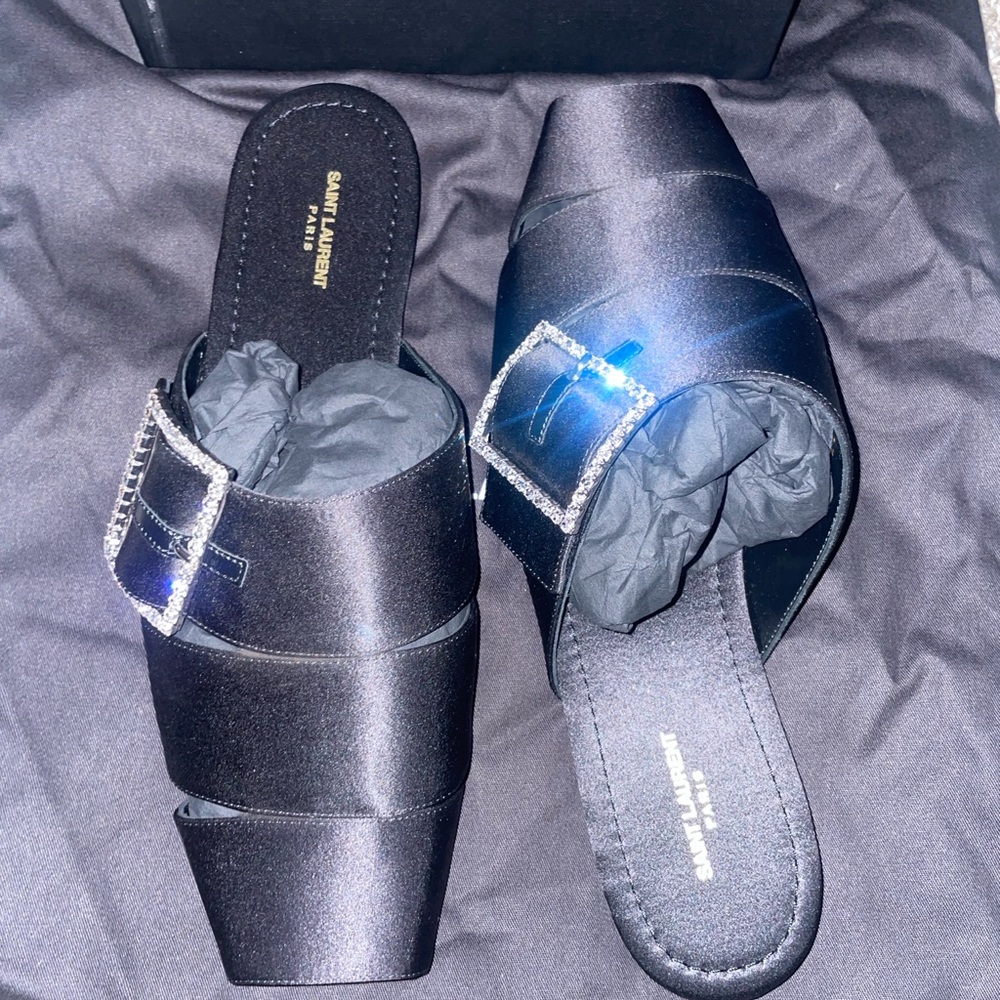 Saint Laurent Jacques Flat Mules In Crepe Satin